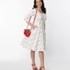 * Unique Vintage White & Cherry Print Pin Dot Keyhole Neck Swing Dress Everyday