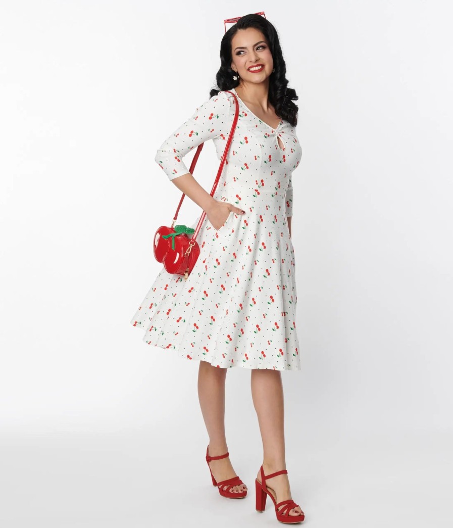 * Unique Vintage White & Cherry Print Pin Dot Keyhole Neck Swing Dress Everyday