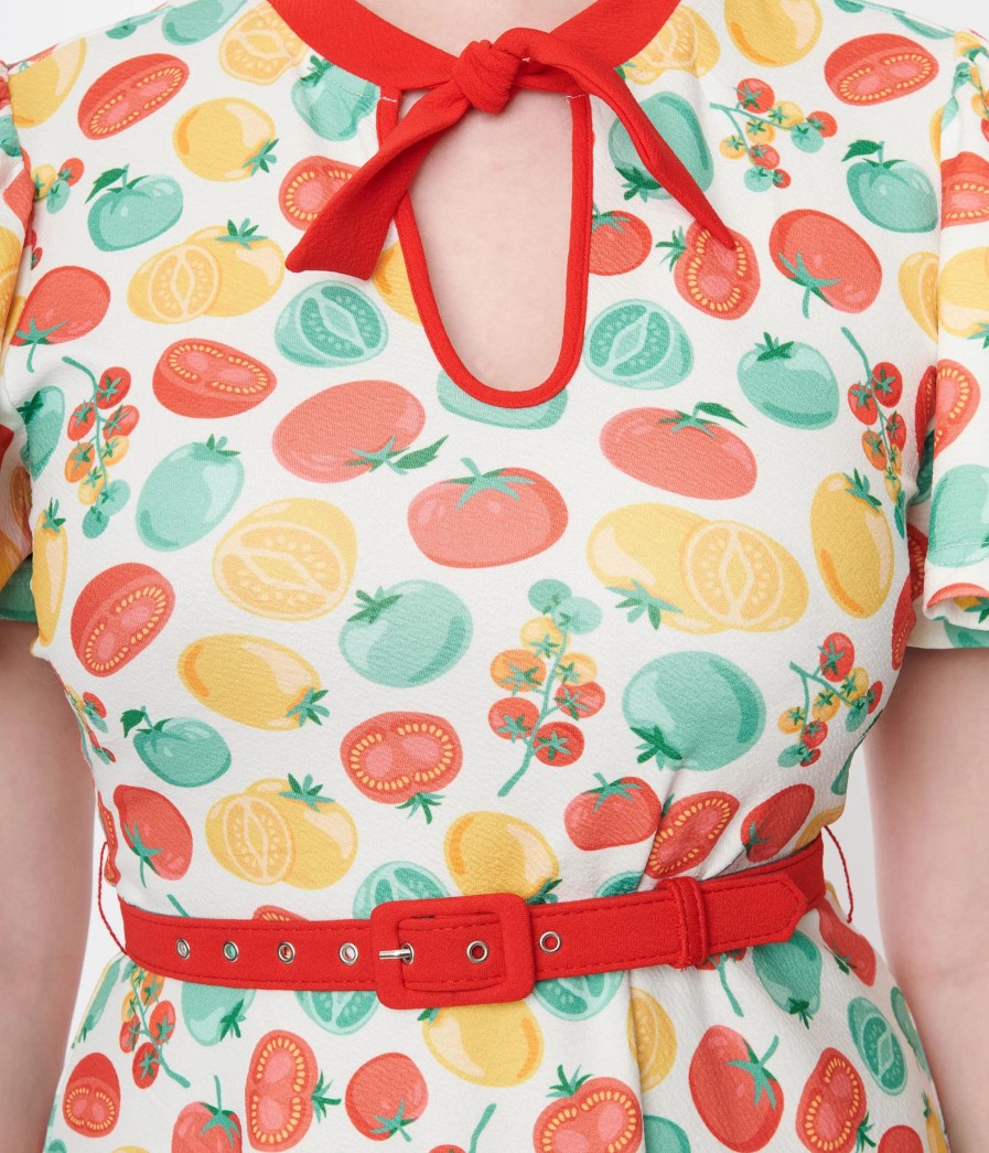 * Unique Vintage Ivory & Red Tomato Print Flare Dress Fit & Flare