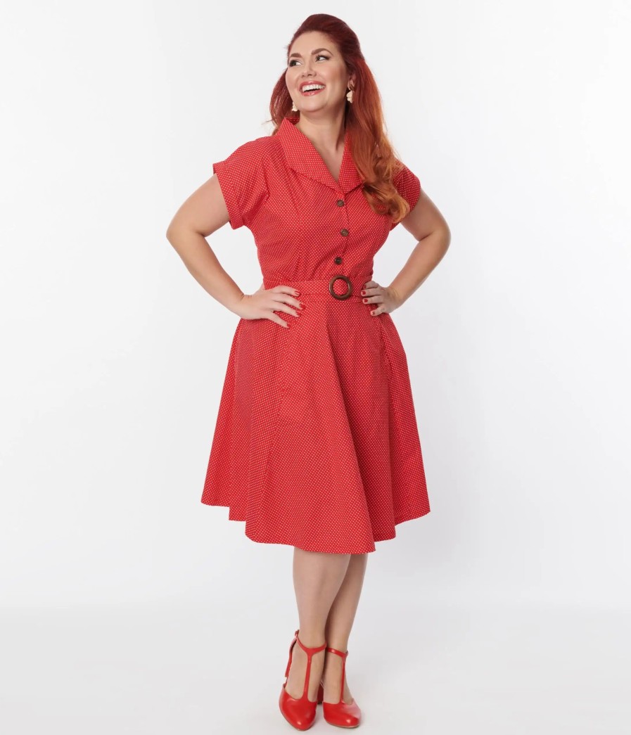 * Lifestyle Group (Uk) Ltd Plus Size 1950S Belted Red Pin Dot Swing Dress Swing