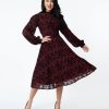 * Unique Vintage 1950S Burgundy La Catrina Velvet Burnout Leota Swing Dress Swing