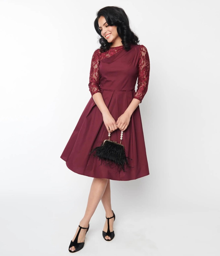 * Chic Star Burgundy & Black Lace Frill Collared Swing Dress Swing