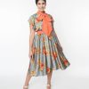 * Unique Vintage Antique Blue & Orange Floral Satin Swing Dress Swing