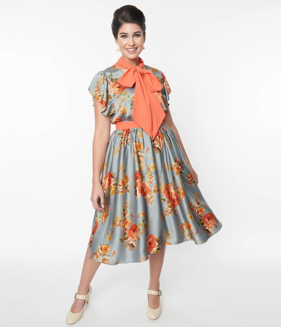 * Unique Vintage Antique Blue & Orange Floral Satin Swing Dress Swing