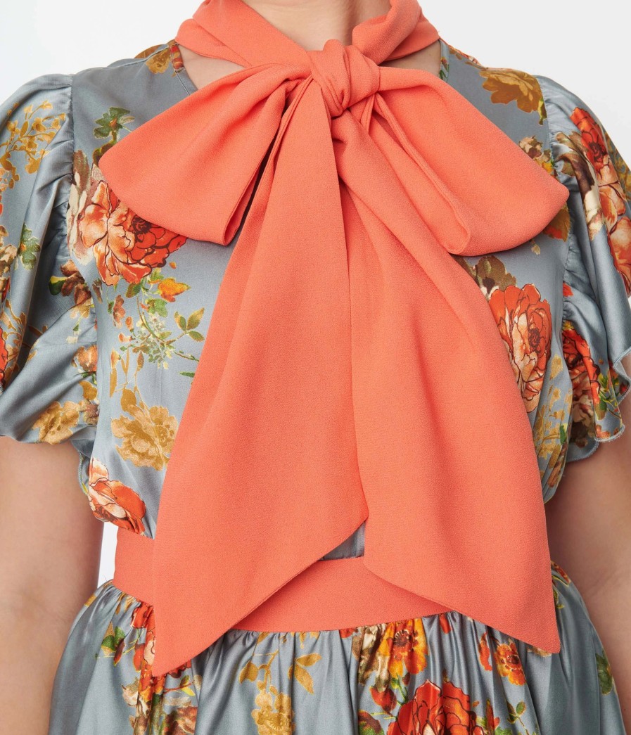 * Unique Vintage Antique Blue & Orange Floral Satin Swing Dress Swing