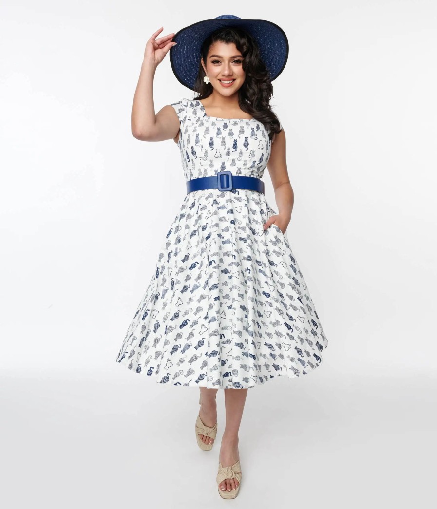 * Magnolia Place Ivory & Navy Cat Anna Swing Dress Swing