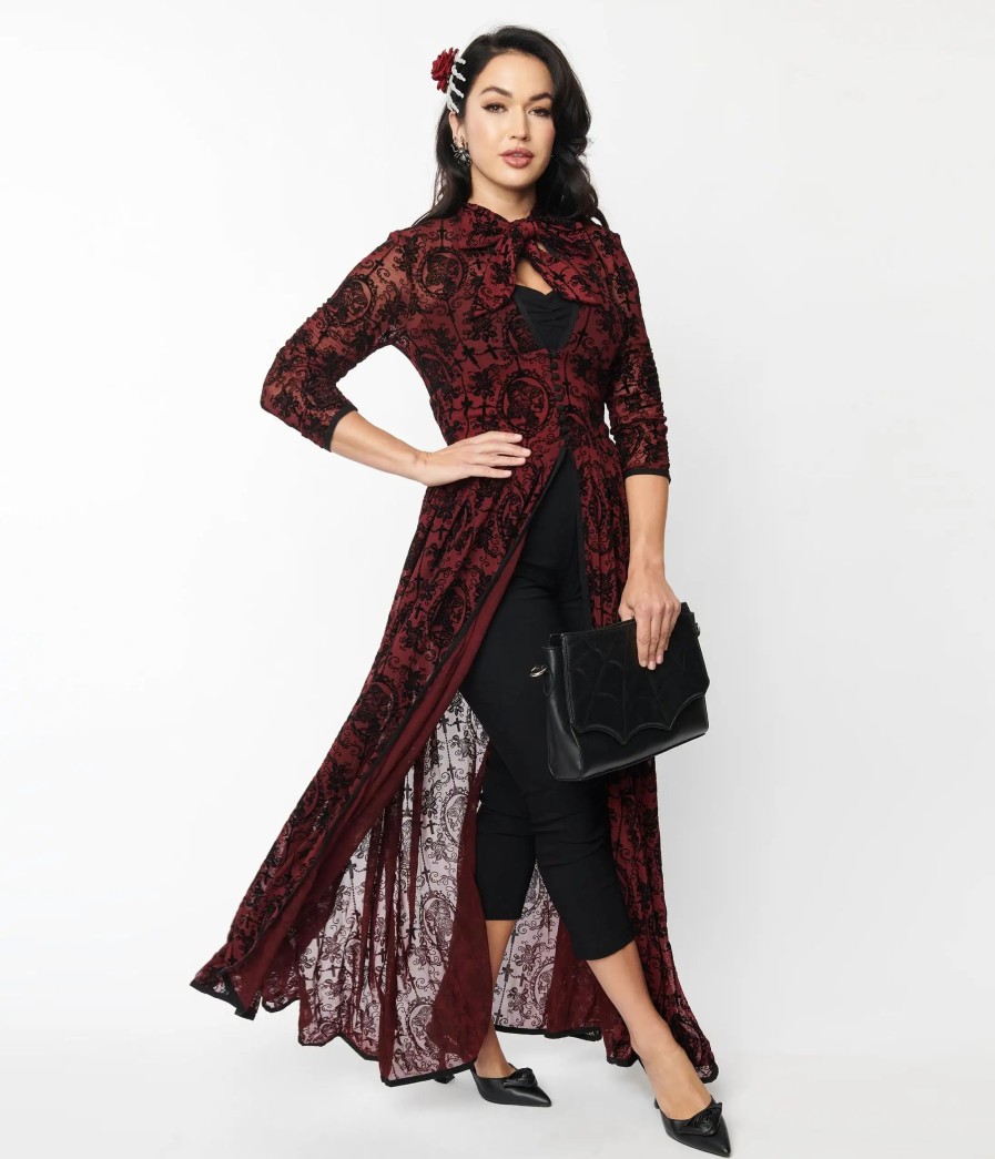 * Unique Vintage 1950S Burgundy & Black La Catrina Velvet Burnout Tallullah Duster Midi & Maxi