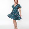 * Unique Vintage Curve Green Mushroom Print Fit & Flare Flutter Dress Fit & Flare