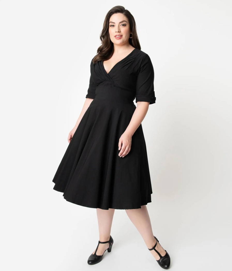 * Unique Vintage Plus Size Black Delores Swing Dress With Sleeves Swing