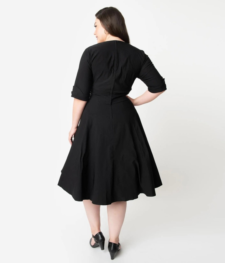 * Unique Vintage Plus Size Black Delores Swing Dress With Sleeves Swing