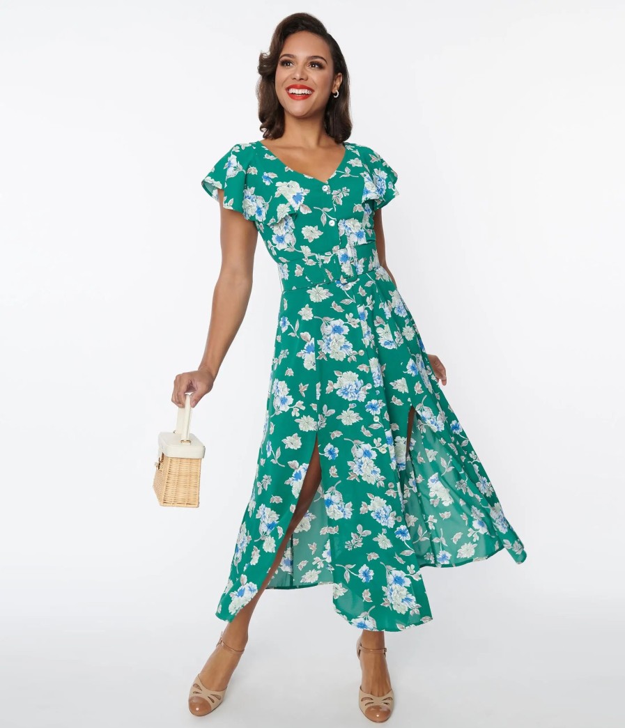 * Unique Vintage Green Floral Flutter Sleeve Midi Dress Midi & Maxi