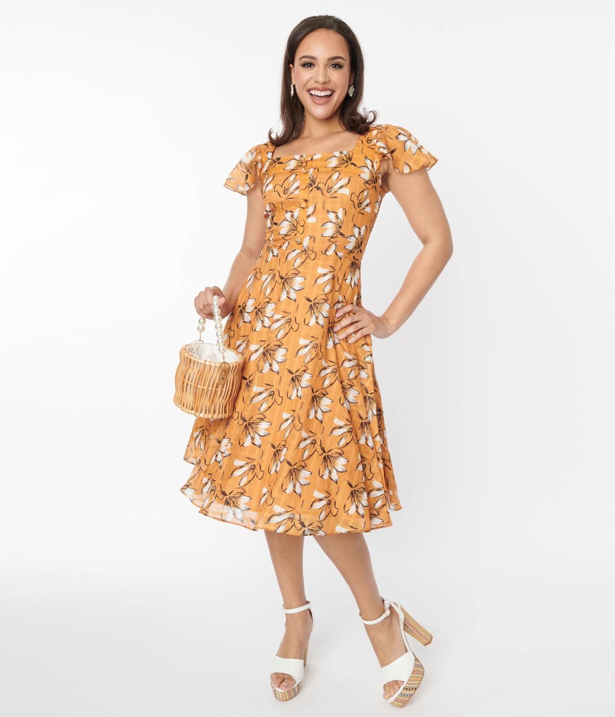 * Silver Stop Inc. (Voodoo Vixen) Voodoo Vixen Mustard & White Floral Swing Dress Everyday