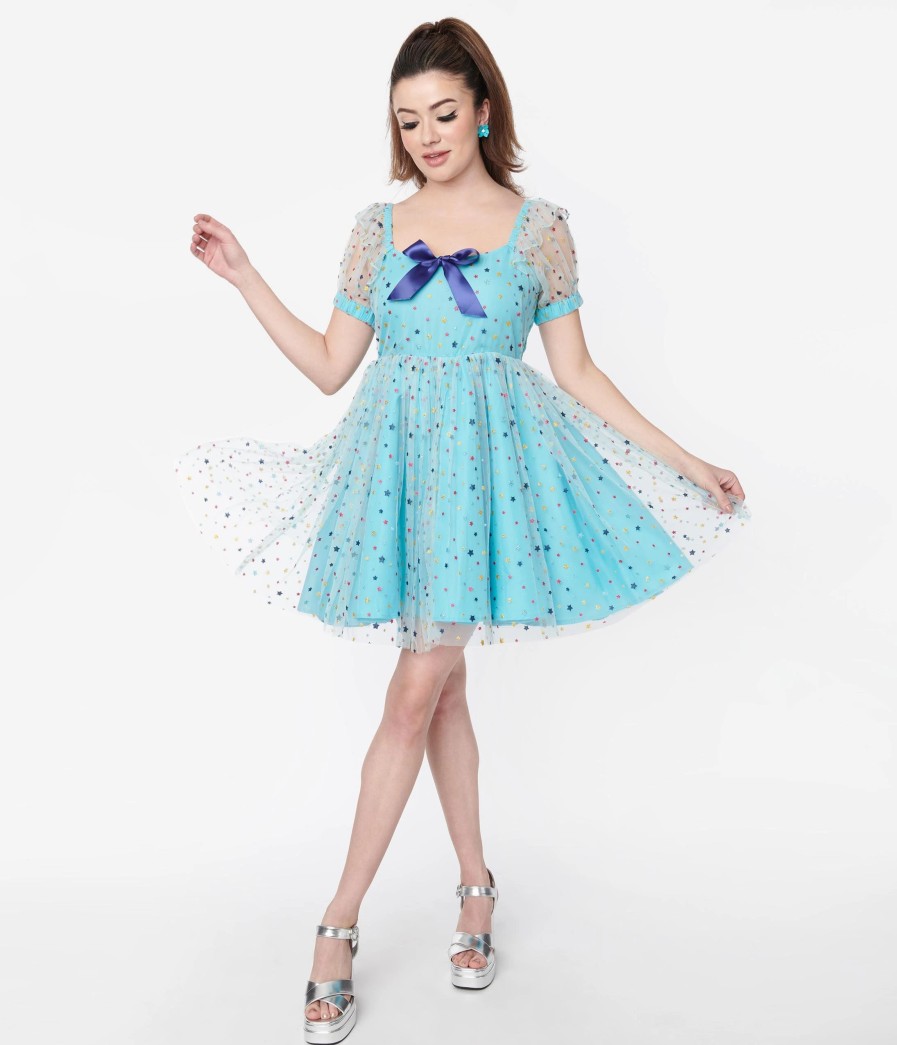 * Smak Parlour Blue & Multi Star Puff Sleeve Babydoll Dress Fit & Flare