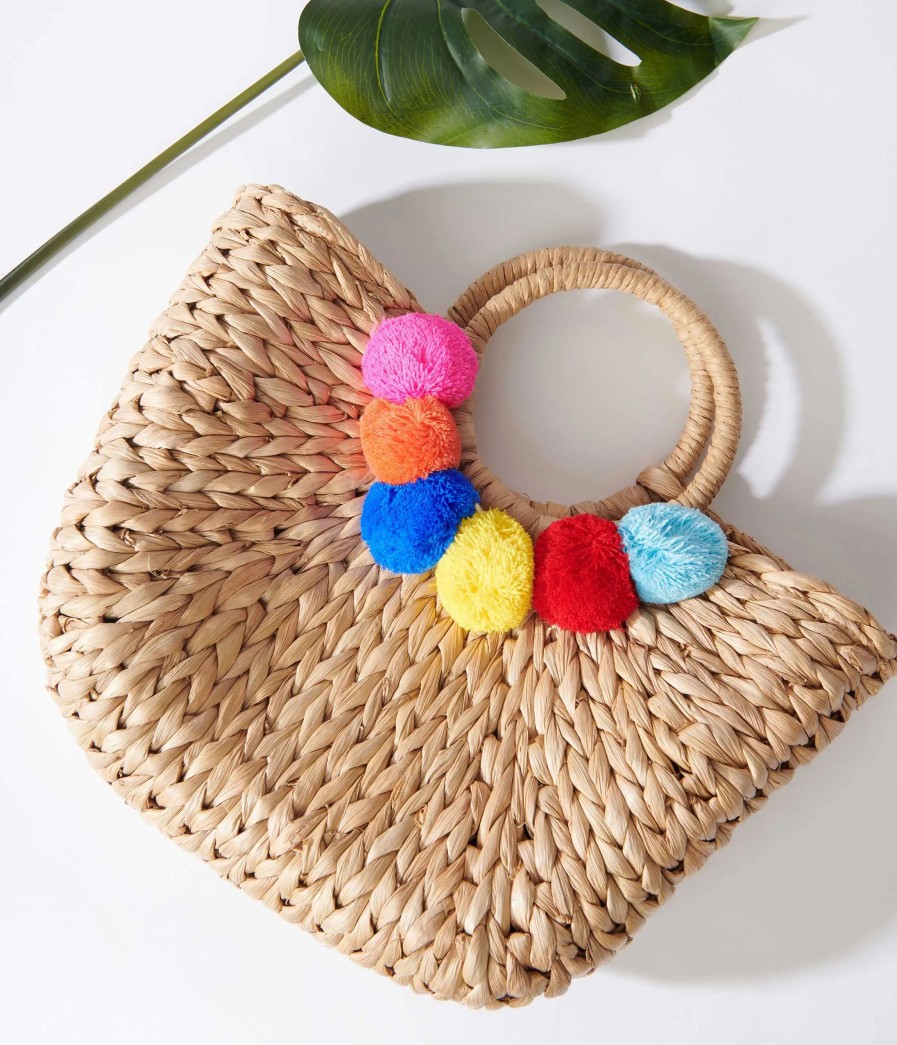 * 3 Am (Faire) Tan Pom Pom Woven Bag Swim Accessories