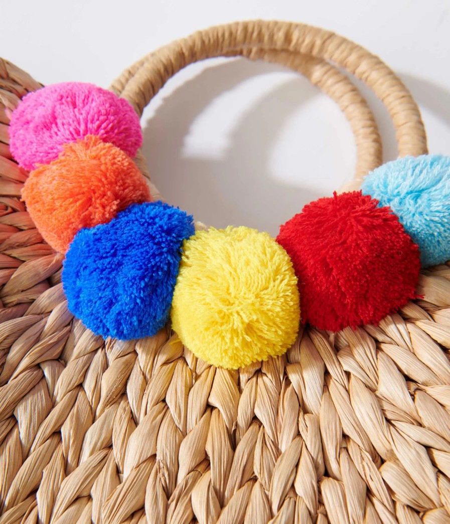 * 3 Am (Faire) Tan Pom Pom Woven Bag Swim Accessories