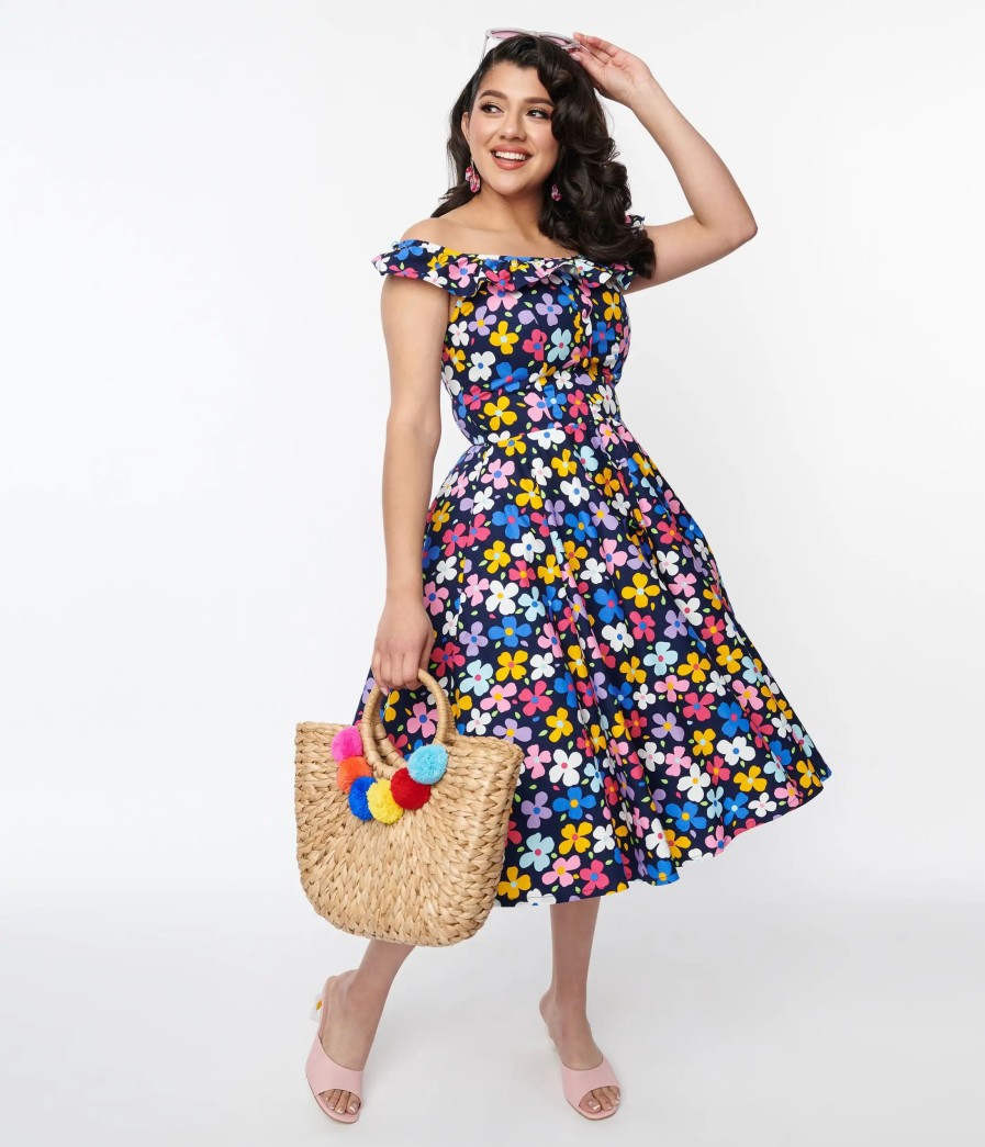 * Magnolia Place Navy & Multicolor Floral Barbara Swing Dress Swing