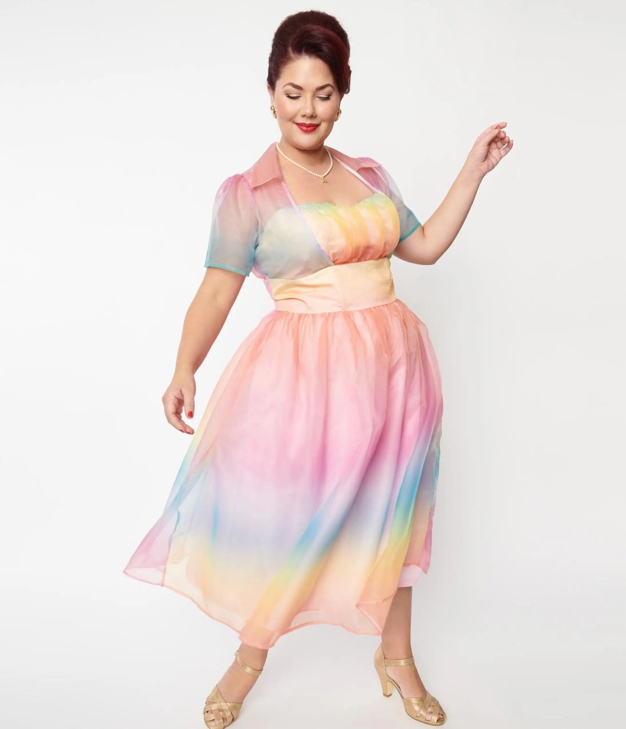 * Unique Vintage Plus Size Pastel Rainbow Ombre Libby Swing Dress Swing