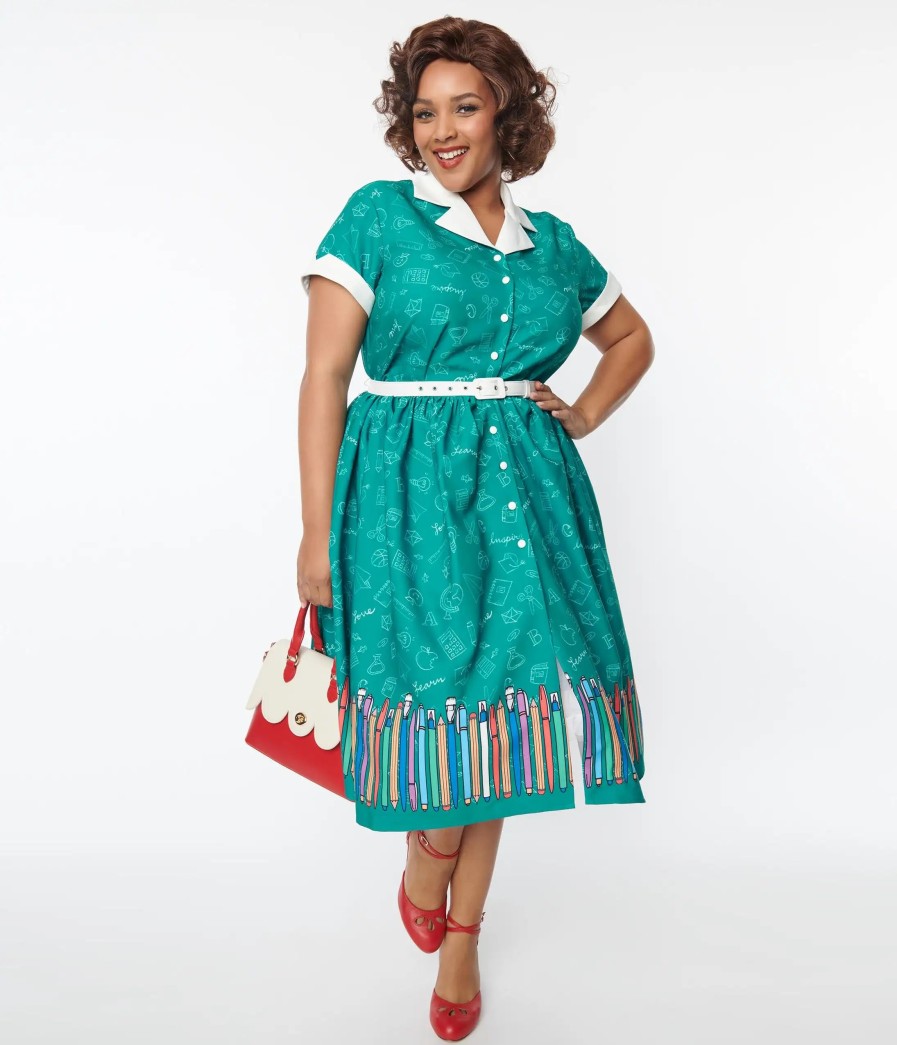 * Unique Vintage Plus Size Green Classroom Alexis Swing Dress Swing