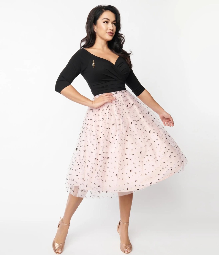 * Unique Vintage Black & Pink Tulle Music Notes Marceline Swing Dress Swing