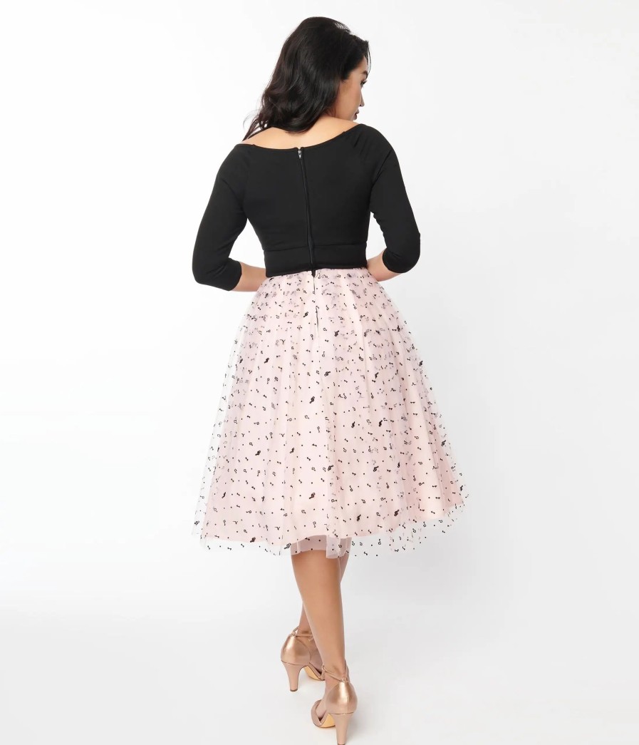 * Unique Vintage Black & Pink Tulle Music Notes Marceline Swing Dress Swing