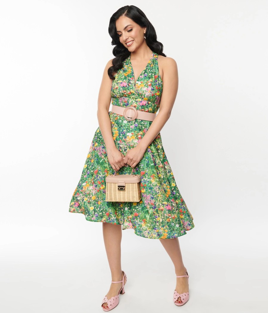 * Unique Vintage Meadow Floral Print Halter Swing Dress Swing