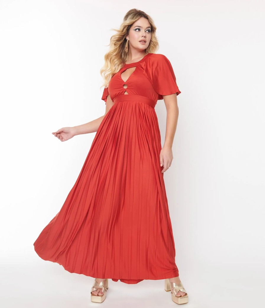 * Smak Parlour Rust Red Pleated Cape Maxi Dress Midi & Maxi