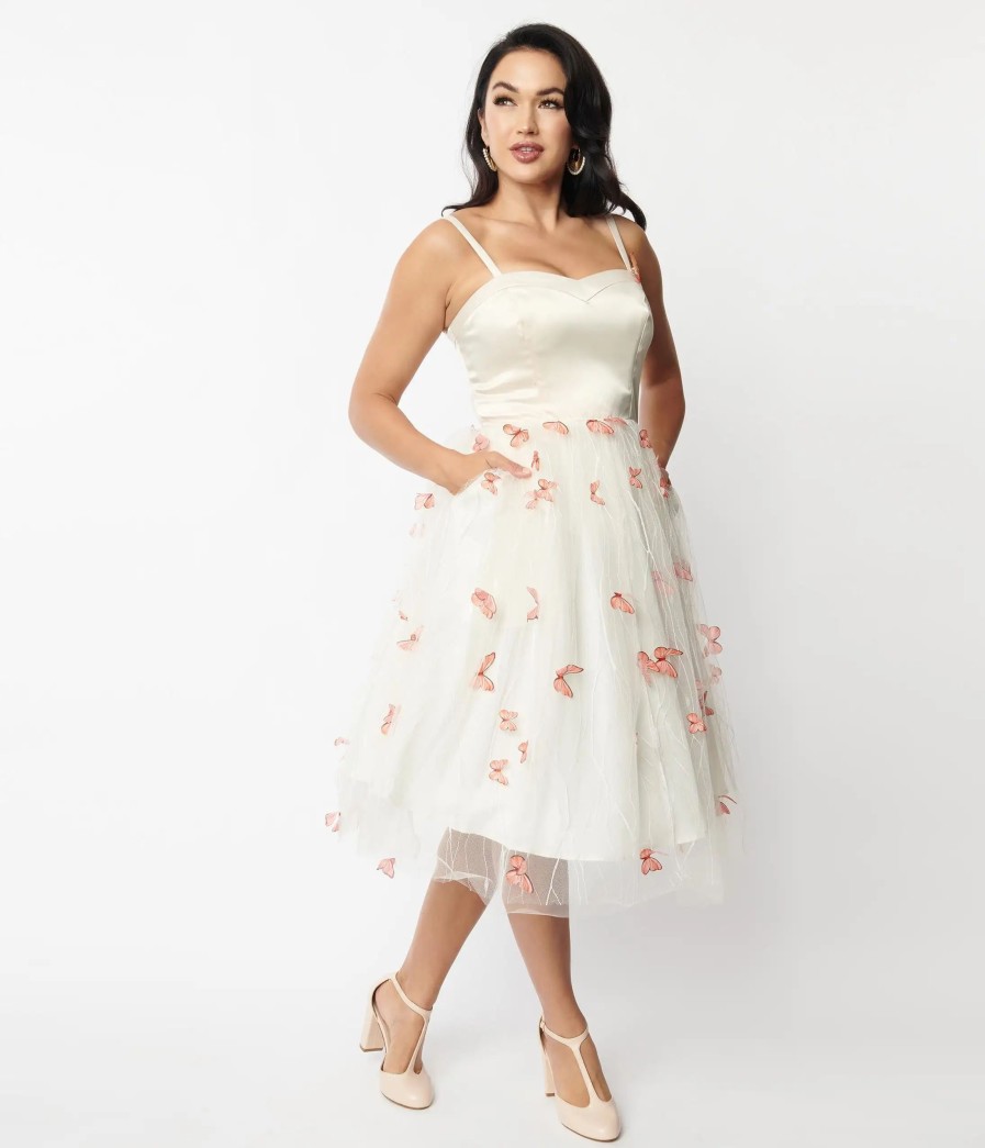 * Unique Vintage Ivory & Butterfly Bertie Swing Dress Swing