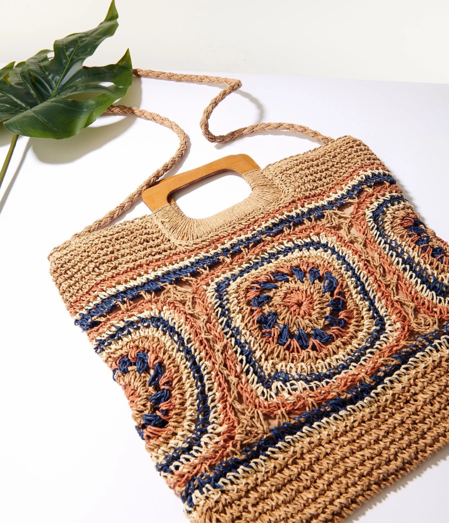 * Fame Accessories Tan & Navy Woven Square Handbag Swim Accessories