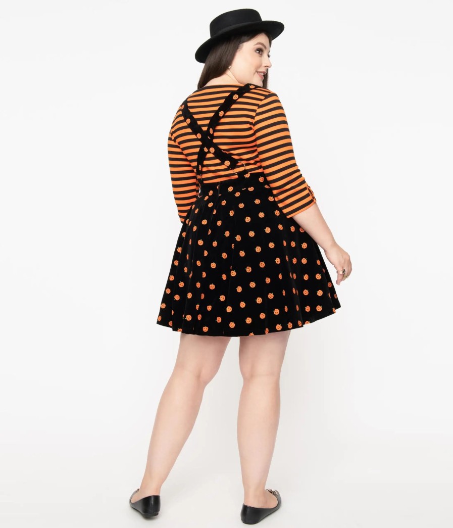 * Unique Vintage Plus Size Black & Orange Pumpkin Patch Corduroy Brionne Pinafore Skirt Fit & Flare