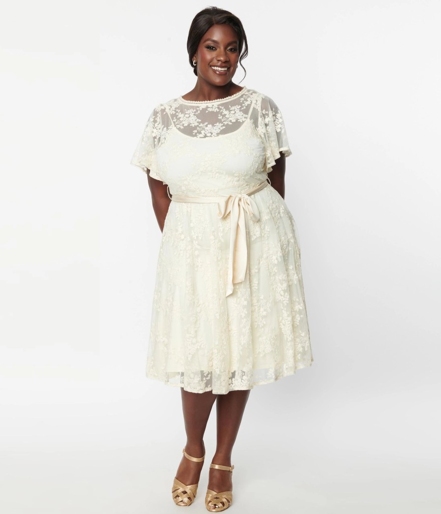 * Unique Vintage Plus Size Ivory Floral Lace Bridal Swing Dress Swing