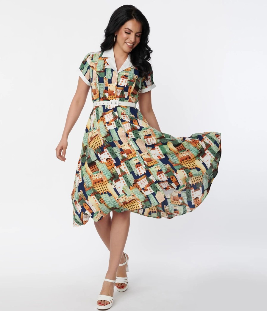 * Unique Vintage Village Print Alexis Swing Dress Swing