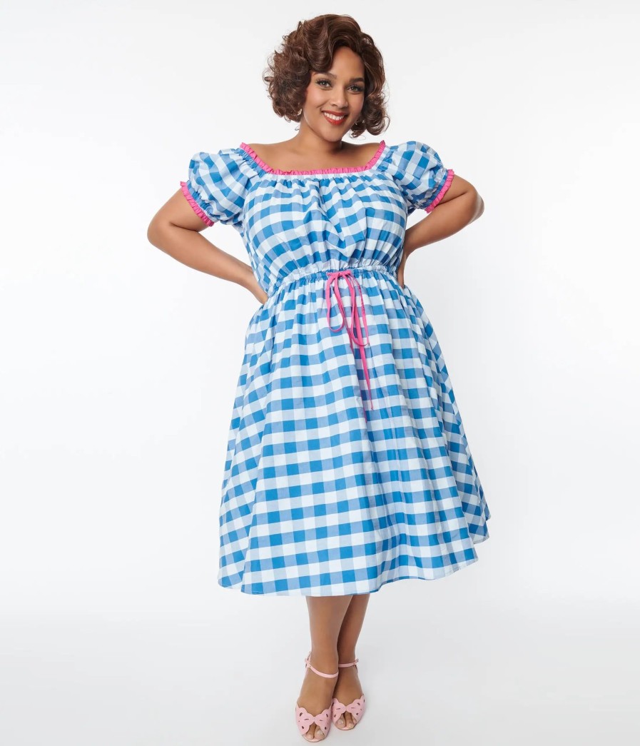 * Unique Vintage Curve Blue & White Gingham Picnic Swing Dress Swing