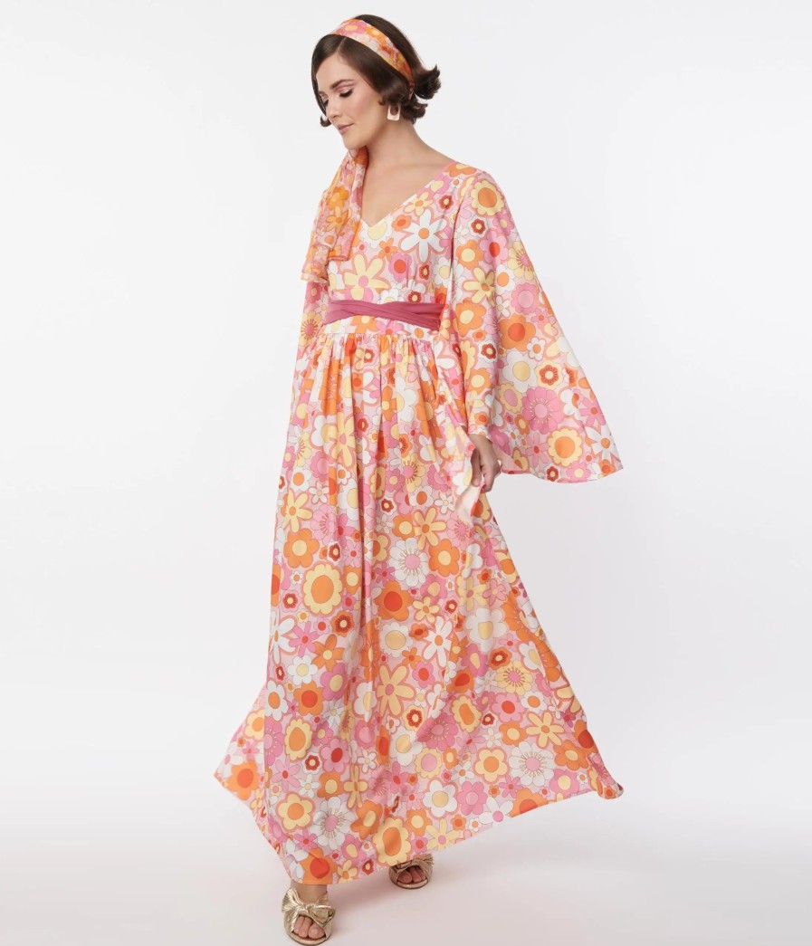 * Smak Parlour Orange & Pink Mod Bloom Belted Caftan Midi & Maxi