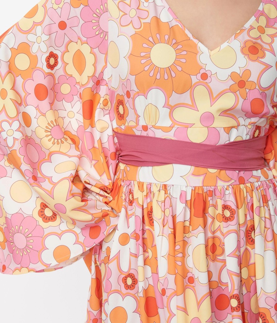 * Smak Parlour Orange & Pink Mod Bloom Belted Caftan Midi & Maxi