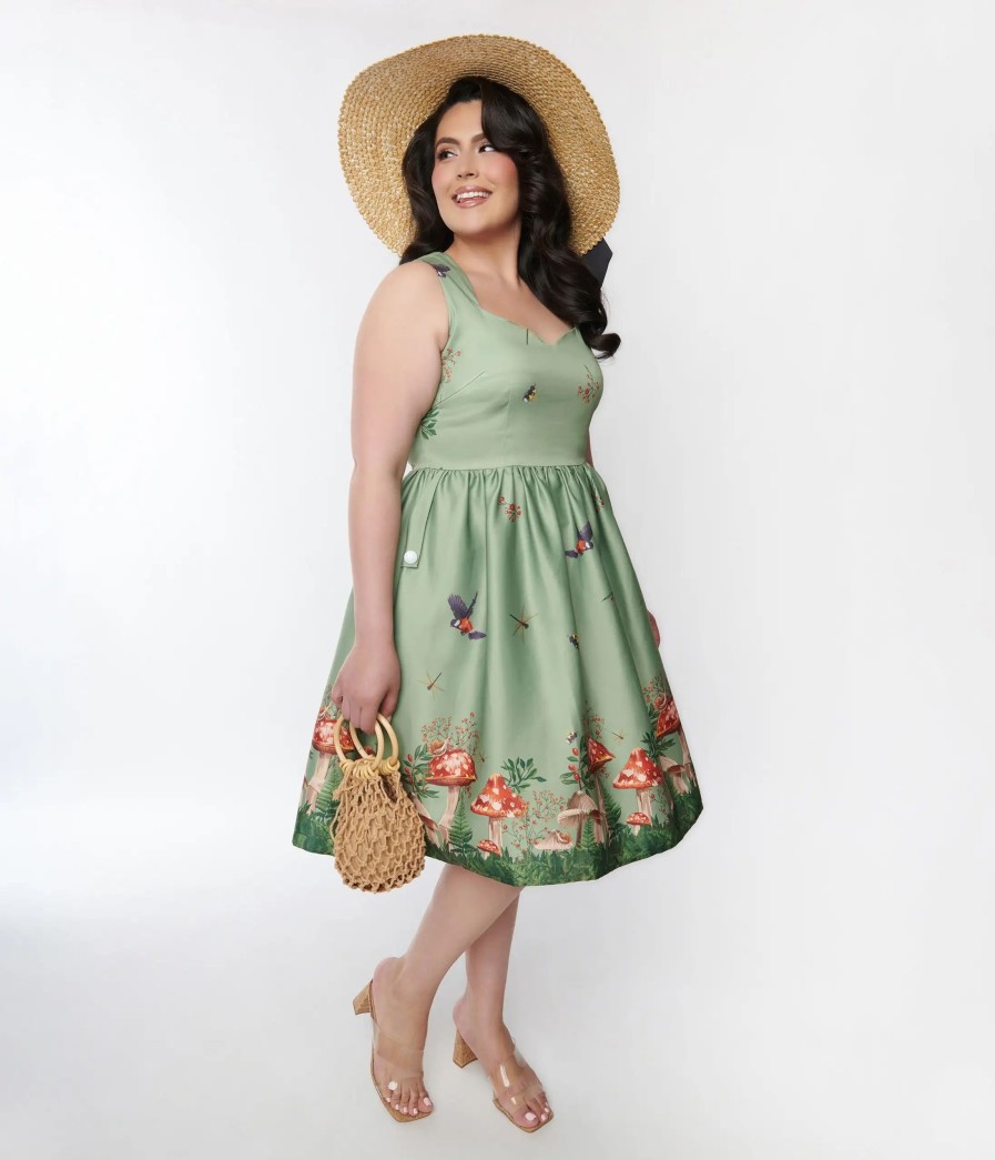 * Silver Stop Inc. (Voodoo Vixen) Voodoo Vixen Plus Size Olive Green Woodland Satin Swing Dress Swing