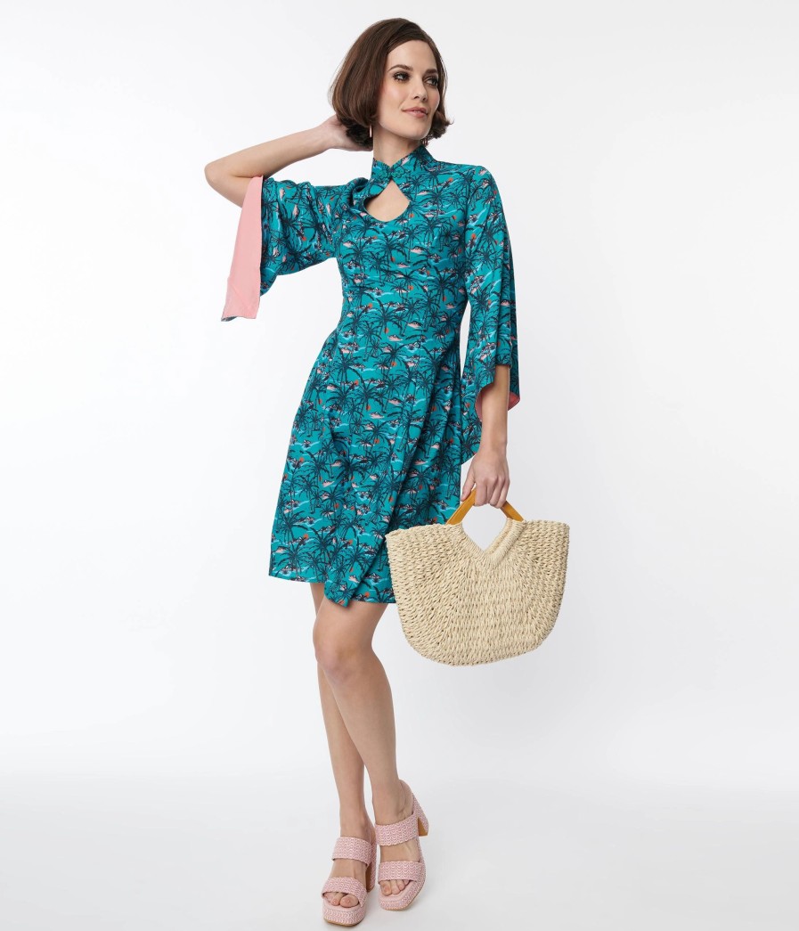 * Rockin' Bettie Teal & Pink Palm Tree Willow Flare Dress Fit & Flare