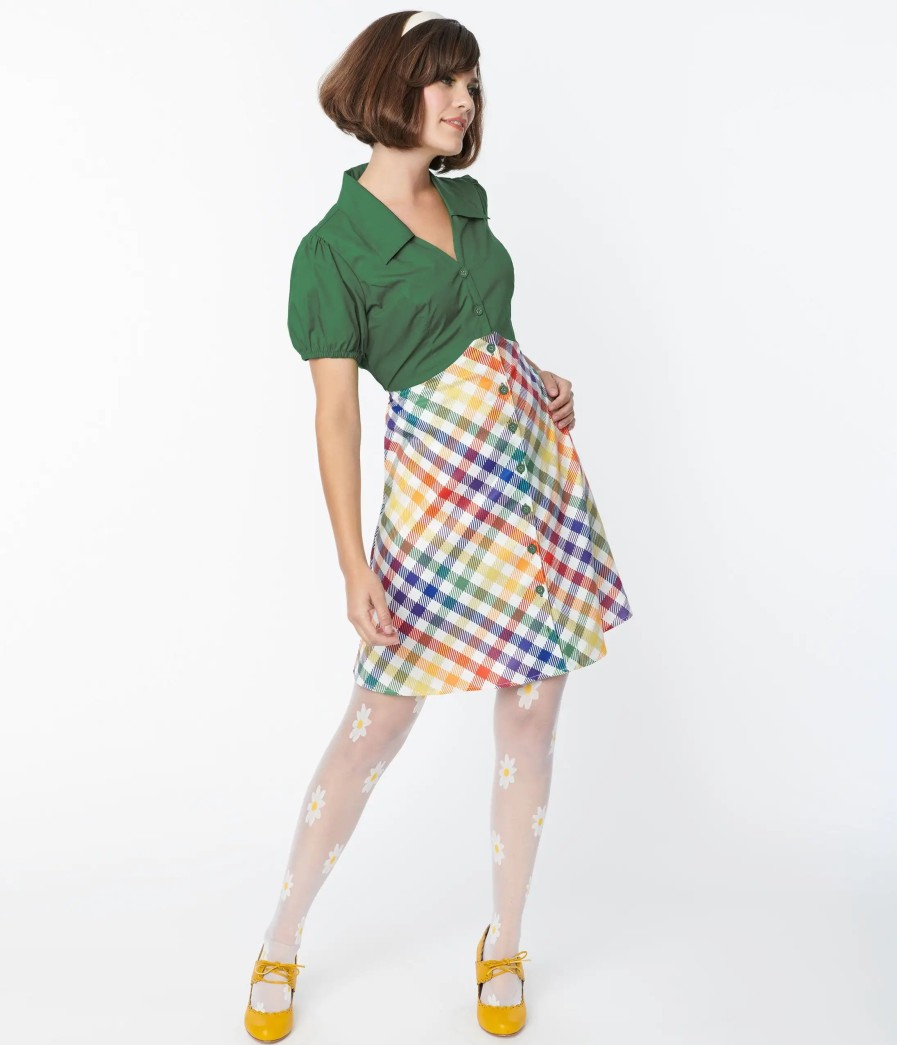 * Smak Parlour Green & Rainbow Gingham Mini Shirt Dress Fit & Flare