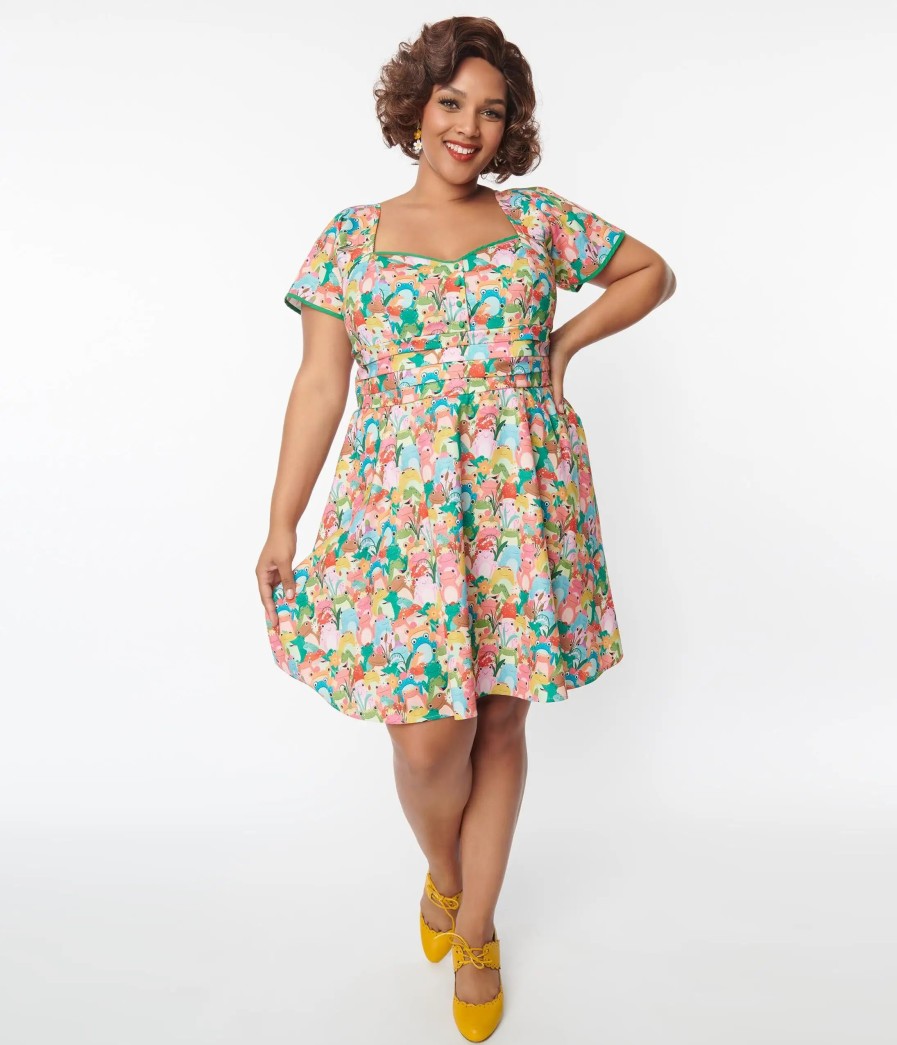 * Unique Vintage Plus Size Ribbit Rainbow Frog Print Swing Dress Swing