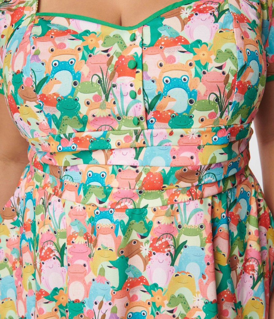 * Unique Vintage Plus Size Ribbit Rainbow Frog Print Swing Dress Swing