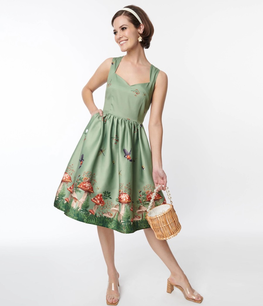 * Silver Stop Inc. (Voodoo Vixen) Voodoo Vixen Olive Green Woodland Satin Swing Dress Swing