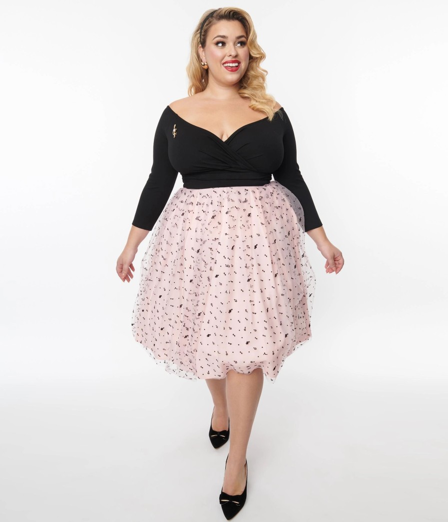 * Unique Vintage Plus Size Black & Pink Tulle Music Notes Marceline Swing Dress Swing