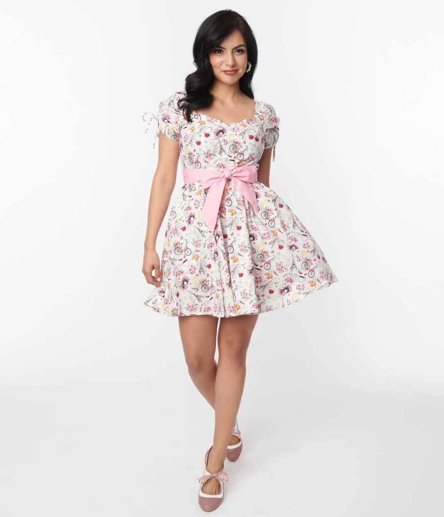 * Unique Vintage White & Pink Paris Print Dakota Flare Dress Fit & Flare