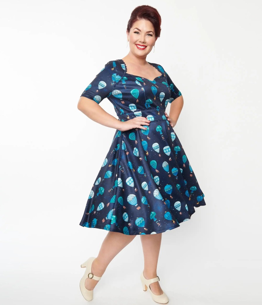 * Unique Vintage Plus Size Navy & Hot Air Balloon Bolero Flare Dress Fit & Flare