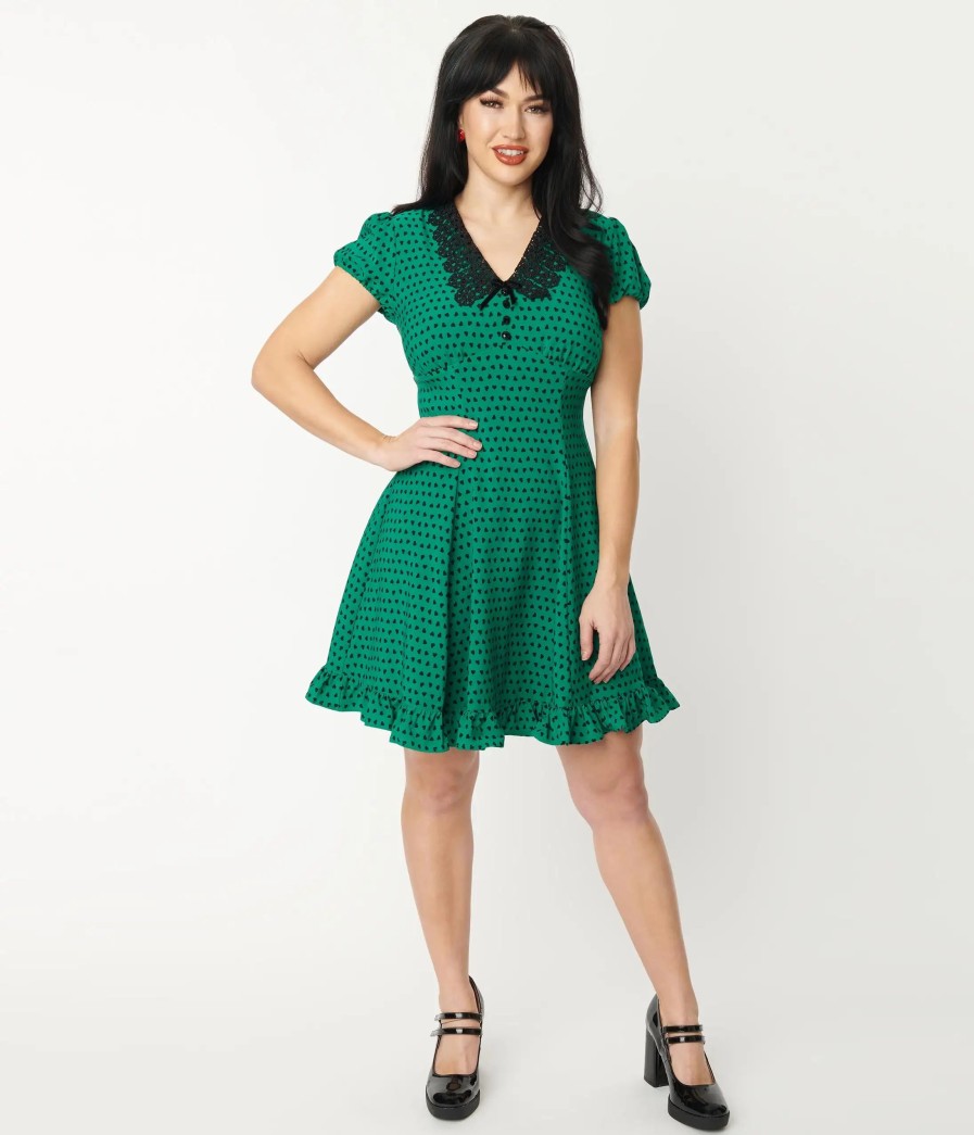 * Pop Soda Hell Bunny Green & Black Hearts Paradisum Flare Dress Fit & Flare