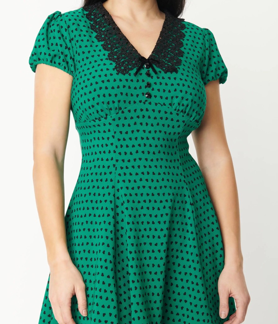 * Pop Soda Hell Bunny Green & Black Hearts Paradisum Flare Dress Fit & Flare