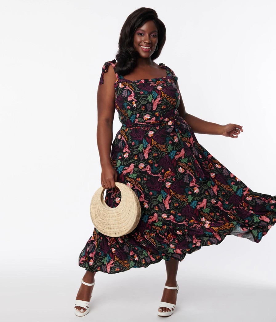 * Collectif Plus Size Black Tropical Reef Katrina Swing Dress Midi & Maxi