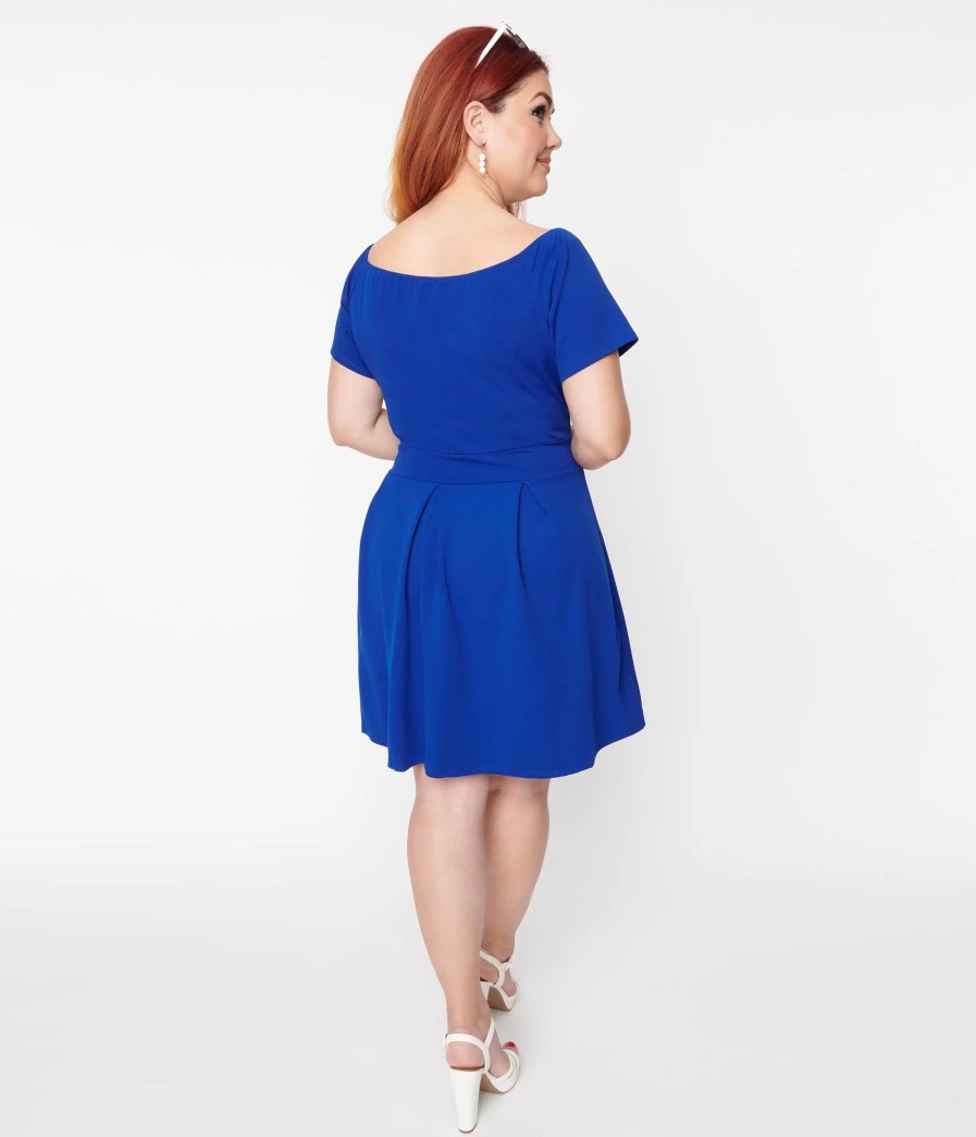 * Curve Market Plus Size Royal Blue Pleated Flare Off Shoulder Dress Everyday