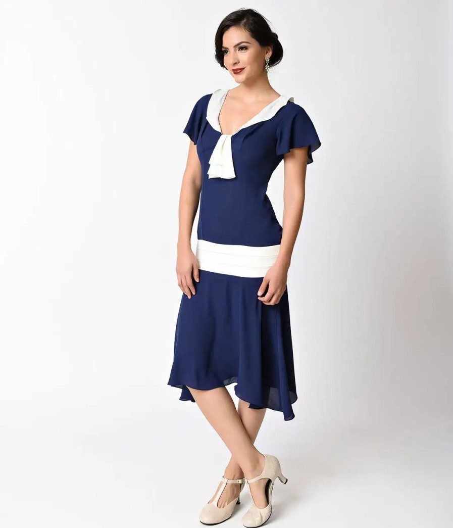 * Unique Vintage 1920S Navy Blue & Ivory Wilshire Flapper Day Dress Everyday