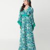 * Unique Vintage Teal & Blue Psychedelic Floral Print Maxi Dress Midi & Maxi