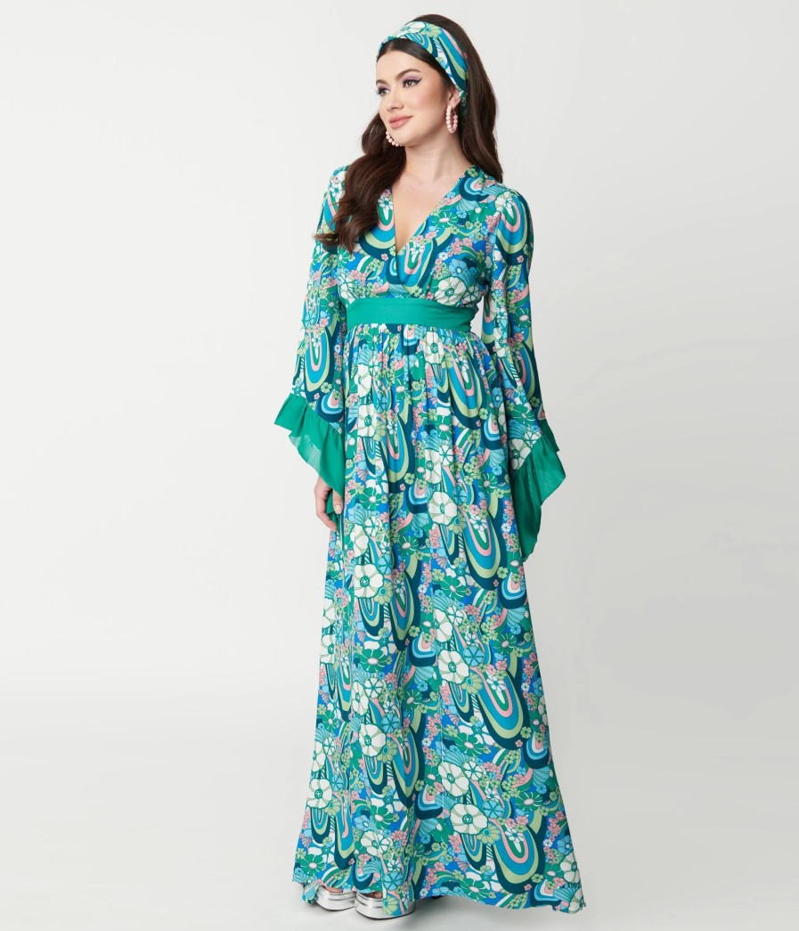 * Unique Vintage Teal & Blue Psychedelic Floral Print Maxi Dress Midi & Maxi